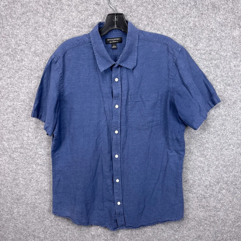 Banana Republic Mens Blue Linen Cotton Short Sleeve Button Down Shirt Large